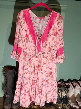 Betsey Johnson Pink Floral Lace-Trim Tiered Dress XL